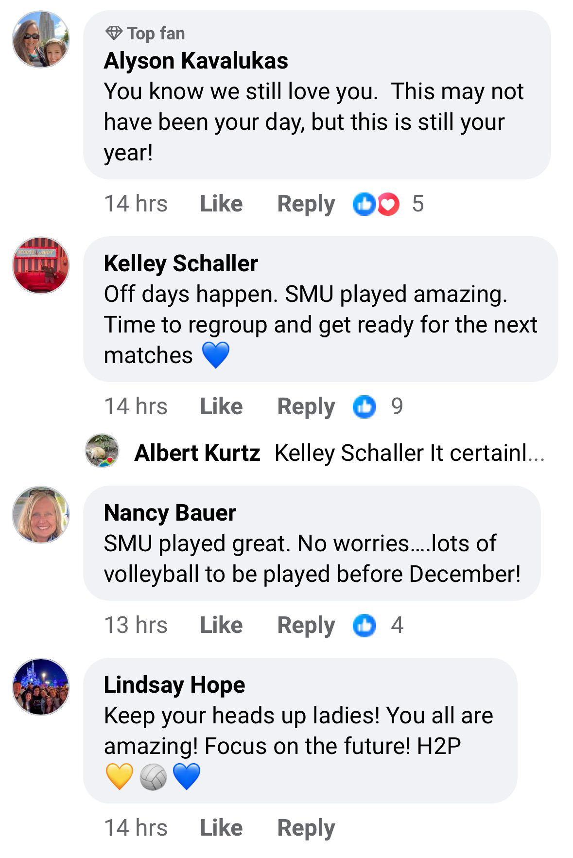 You know we still love you. This may not have been your day, but this is still your year! - Off days happen. SMU played amazing. Time to regroup and get ready for the next matches. - SMU played great. No worries….lots of volleyball to be played before December! - Keep your heads up, ladies! You are all amazing! Focus on the future! H2P