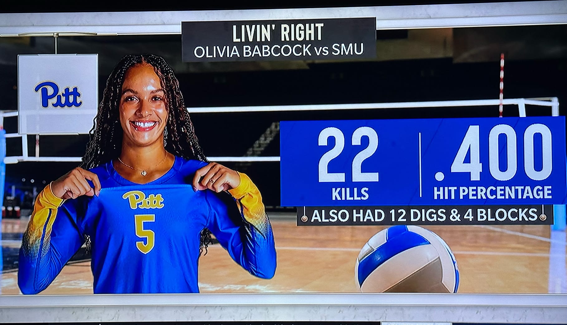 Screenshot: Livin' right - Olivia Babcock vs SMU - 22 kills - .400 hit percentage - also had 12 digs and 4 blocks