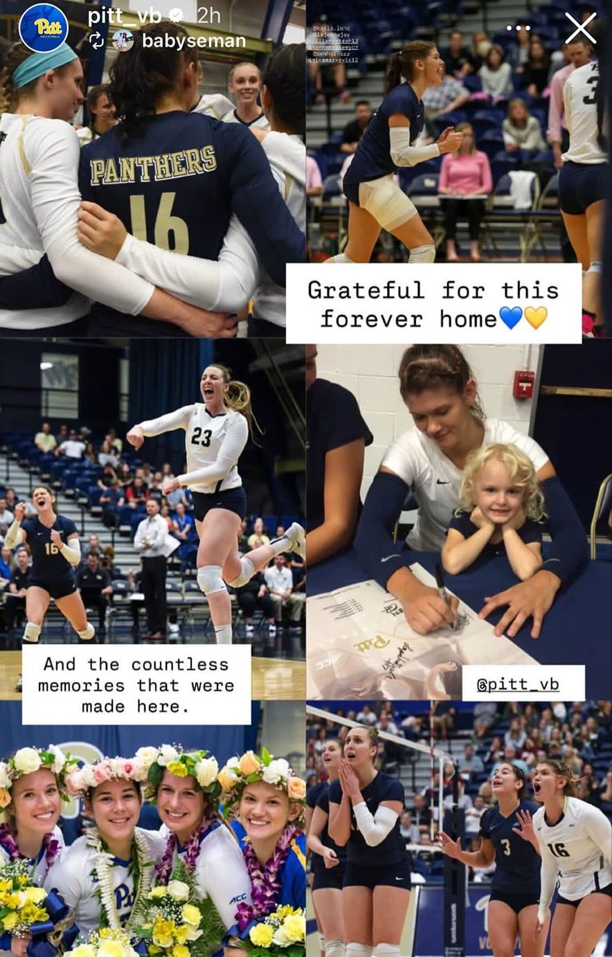 Angela Seman has a collage of late-2010s Pitt Volleyball photos with the caption grateful for this forever home and the countless memories that were made here.