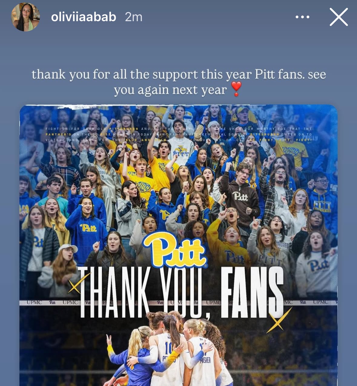 Pitt’s Olivia Babcock reposting the “thank you fans” Instagram graphic with the message “thank you for all the support this year Pitt fans. see you again next year”