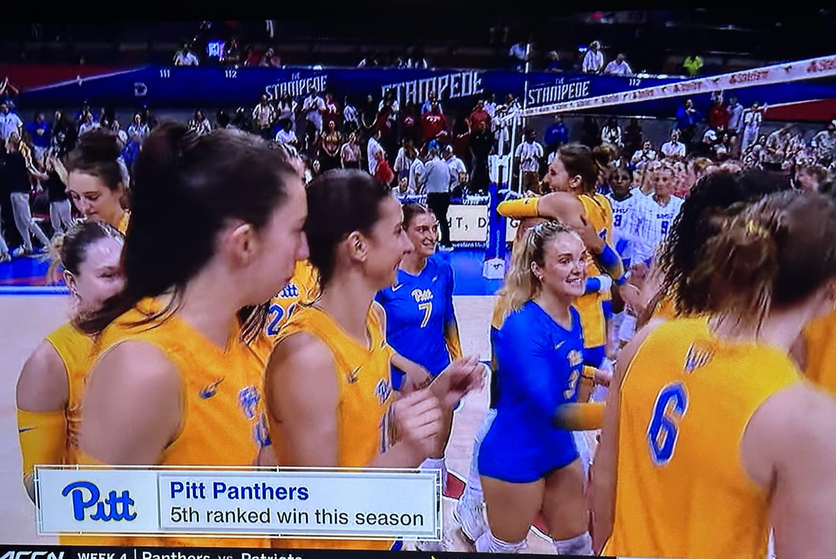 Screenshot of Pitt Volleyball celebrating its win, some players hugging, and a bug that says Pitt Panthers 5th ranked win this season