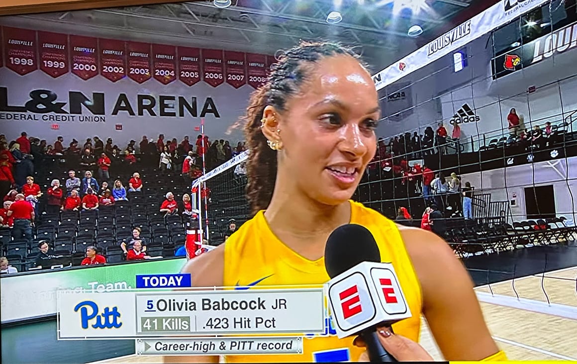Screenshot of a post-game interview with Pitt's Olivia Babcock reading 41 kills (career high and Pitt record), .423 hitting percentage