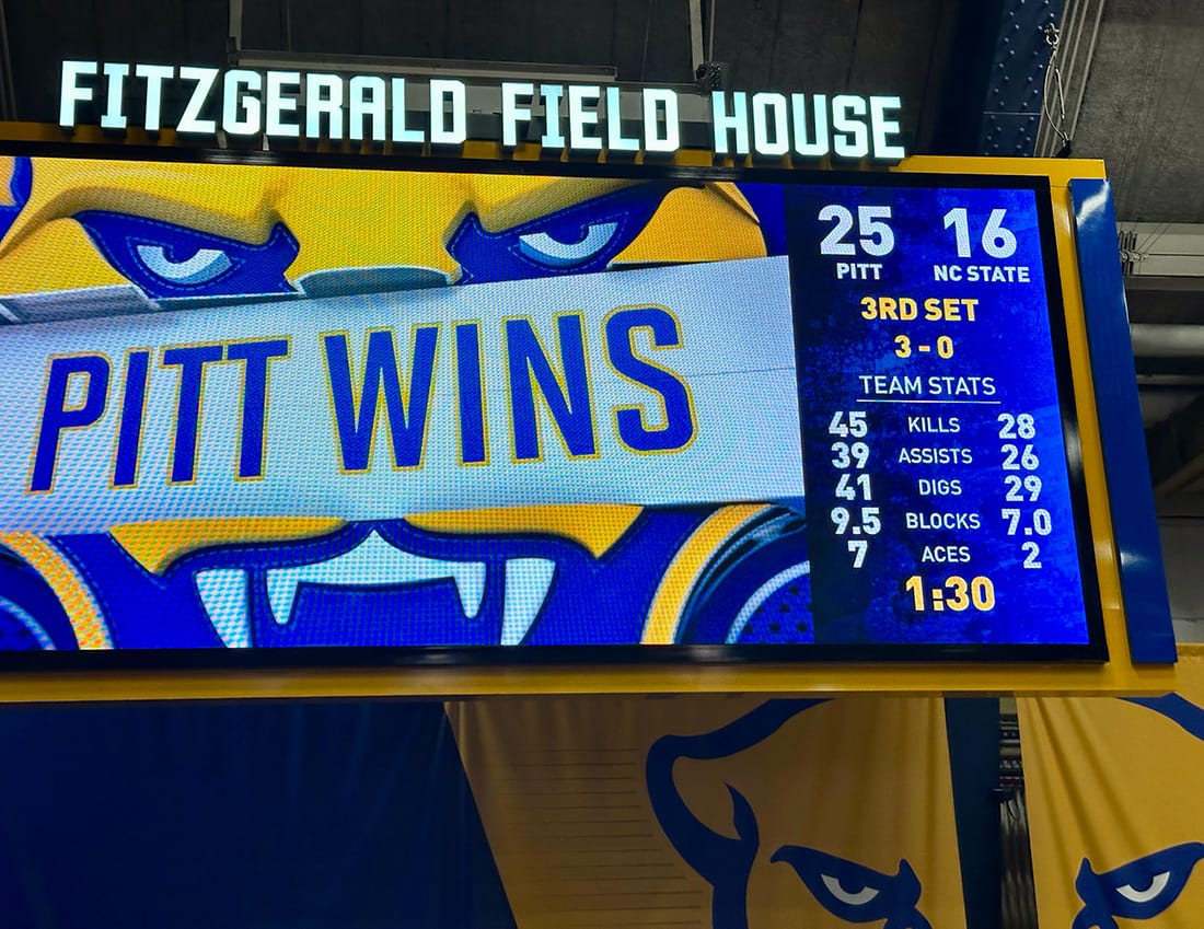 Photo of a scoreboard graphic that says "PITT WINS" at Fitzgerald Field House from the volleyball team's victory over NC State