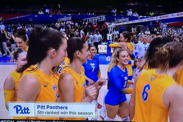 Screenshot of Pitt Volleyball celebrating its win, some players hugging, and a bug that says Pitt Panthers 5th ranked win this season