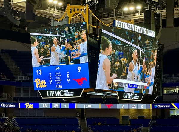 Picture of Pitt leading SMU 13-9 on the Petersen Events Center scoreboard in Pittsburgh.
