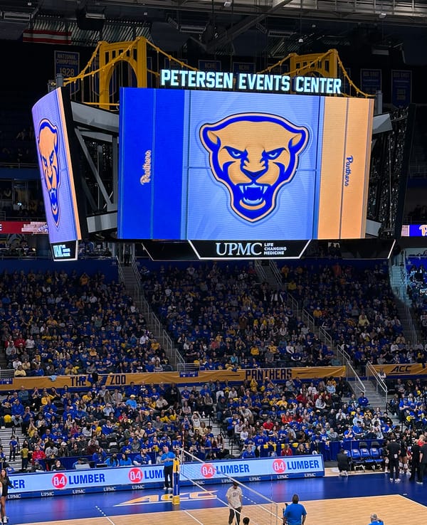 Photo of the Petersen Events Center arena in Pittsburgh with a full crowd for volleyball
