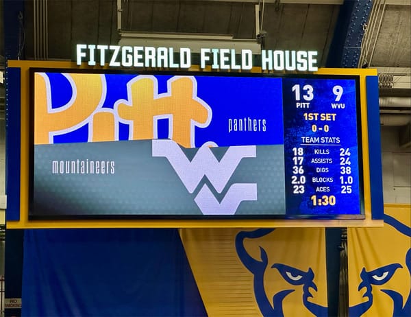 Photo of the scoreboard at Fitzgerald Field House reading 13-9 for Pitt vs. West Virginia